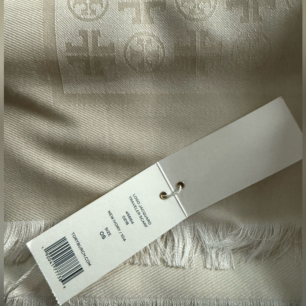 Tory Burch Logo Jacquard Traveler Silk and Wool Scarf in New Ivory - Picture 2 of 9